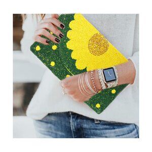 Daisies & Dots Yellow Green Seed Beaded Crossbody Clutch Handbag NEW